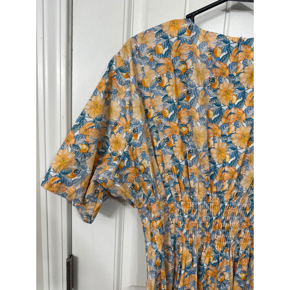 GIGIO USA Orange Blue Floral Smocked Waist Midi Dress Womens Size Medium V-Neck - Picture 7 of 10
